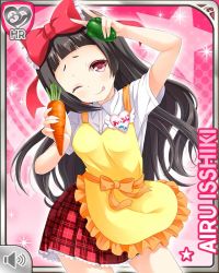Rule 34 | 1girl, :q, apron, black hair, bow, card, carrot, character name, closed mouth, cooking, girlfriend (kari), green pepper, hair bow, heart, holding, isshiki airu, long hair, looking at viewer, official art, pepper, pink background, plaid, plaid skirt, qp:flapper, red bow, red eyes, red skirt, school uniform, shirt, skirt, smile, solo, tagme, tongue, tongue out, v, white shirt, yellow apron