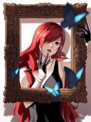 Rule 34 | 1girl, alternate costume, bare shoulders, black dress, black gloves, bug, butterfly, collarbone, commentary, dress, english commentary, gloves, hair over one eye, highres, insect, jewelry, kirijou mitsuru, lips, lipstick, long hair, looking at viewer, makeup, one eye covered, parted lips, persona, persona 3, persona 3 reload, red eyes, red hair, red lips, shadow, simple background, sleeveless, sleeveless dress, solo, teeth, upper teeth only, wanderstillart, wavy hair, white background