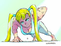 Rule 34 | 1girl, bare shoulders, blue eyes, breasts, cleavage, exercise, highres, large breasts, long hair, pants, push-ups, quasimodox, rainbow mika, sleeveless, street fighter, sweat, twintails