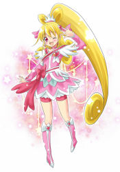 Rule 34 | 1girl, ;d, aida mana, arm up, arm warmers, bike shorts, blonde hair, boots, bow, brooch, choker, cure heart, curly hair, dokidoki! precure, full body, half updo, heart, heart brooch, knee boots, long hair, magical girl, one eye closed, open mouth, pink background, pink bow, pink eyes, pink footwear, ponytail, precure, ribbon, sakumi (uruneko), skirt, smile, solo, star (symbol), wink