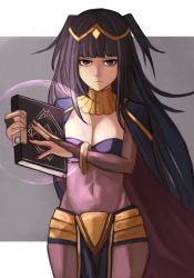 Rule 34 | 12 (artist), 1girl, absurdres, bags under eyes, black nails, blue cape, bodystocking, bodysuit, book, bracelet, breasts, bridal gauntlets, cape, cleavage, covered navel, cowboy shot, expressionless, fire emblem, fire emblem awakening, grey background, highres, holding, holding book, jewelry, large breasts, looking at viewer, nail polish, nintendo, purple eyes, simple background, skin tight, solo, tharja (fire emblem), tiara, two side up
