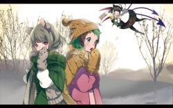 Rule 34 | 3girls, :o, adapted costume, animal band, animal ears, animal print, artist name, asymmetrical wings, bare tree, beanie, black dress, black hair, black legwear, blush, breasts, breath, capelet, cat print, coat, cold, covered mouth, covering own mouth, day, dress, dropping, earmuffs, eyebrows, flying, green eyes, green hair, grey hair, grin, happy, hat, houjuu nue, kasodani kyouko, letterboxed, long sleeves, looking at another, looking at viewer, mittens, mouse ears, multiple girls, namauni, nazrin, outdoors, pantyhose, pom pom (clothes), red eyes, shawl, short hair, smile, snowball, sweater, touhou, tree, wallpaper, wings, winter