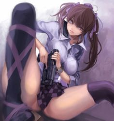 Rule 34 | 1girl, ass, black thighhighs, breasts, brown hair, cellphone, checkered clothes, checkered skirt, clothes between thighs, collared shirt, commentary request, finger on trigger, flashlight, geta, gun, handgun, hat, himekaidou hatate, holding, holding gun, holding weapon, koh (minagi kou), large breasts, long hair, phone, pistol, purple thighhighs, cocking gun, revision, shirt, sig sauer, sig p220/p226, skirt, smartphone, solo, spread legs, tactical light, tengu-geta, thighhighs, thighs, tokin hat, touhou, twintails, watch, weapon, wristwatch