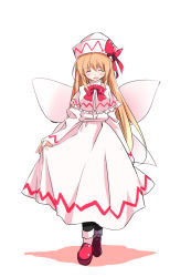 Rule 34 | 1girl, :d, ^ ^, black pantyhose, blonde hair, blush, bow, bowtie, capelet, closed eyes, curtsey, dress, facing viewer, fairy wings, hat, hat bow, ichimura kanata, lily white, long dress, long hair, long sleeves, mary janes, open mouth, pantyhose, red footwear, shoes, shy, smile, socks, socks over pantyhose, solo, touhou, very long hair, wings