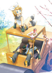 Rule 34 | 1boy, 1girl, arm warmers, blonde hair, blue eyes, boots, bow, brother and sister, can, cherry blossoms, coca-cola, cookie, closed eyes, food, hair bow, hair ornament, hair ribbon, hairclip, headphones, headset, kagamine len, kagamine rin, kurusugawa misako, leg warmers, looking back, lying, midriff, necktie, open mouth, outdoors, pastry, pocari sweat, reclining, ribbon, sailor collar, school uniform, short hair, shorts, siblings, sitting, smile, steamroller, twins, vocaloid