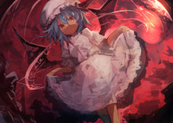 Rule 34 | 1girl, absurdres, bat wings, blue hair, bow, closed mouth, dress, dutch angle, feet out of frame, frilled dress, frilled hat, frills, hair between eyes, hat, hat bow, highres, kaamin (mariarose753), long hair, looking at viewer, magic circle, one-hour drawing challenge, outdoors, red bow, red eyes, red sky, remilia scarlet, short sleeves, skirt hold, sky, smile, solo, standing, touhou, white dress, white hat, wings