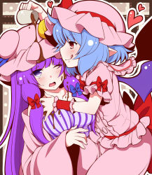 Rule 34 | 2girls, :q, blush, bow, breasts, chocolate, dress, eichi yuu, hair bow, hat, heart, large breasts, long hair, long sleeves, mob cap, multiple girls, one eye closed, open mouth, outside border, patchouli knowledge, pointy ears, purple eyes, purple hair, red eyes, remilia scarlet, short hair, short sleeves, smile, striped clothes, striped dress, tongue, tongue out, touhou, very long hair, wings, wrist cuffs, yuri