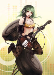 Rule 34 | 1girl, breasts, cable, cleavage, detached sleeves, electric guitar, fishnet pantyhose, fishnets, gibson, gibson sg, gloves, green eyes, green hair, guitar, gumi, gumi (v3 megpoid), headphones, instrument, leather skirt, lips, matching hair/eyes, miniskirt, pantyhose, sennheiser, short hair, skirt, solo, tetsu (aurvandil), torn clothes, torn pantyhose, vocaloid