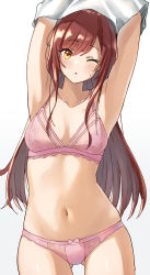 Rule 34 | 1girl, ;o, armpits, arms up, bow, bow panties, bra, breasts, brown hair, clothes lift, commentary, cowboy shot, gluteal fold, highres, idolmaster, idolmaster shiny colors, lace, lace-trimmed bra, lace trim, lifting own clothes, long hair, looking at viewer, medium breasts, navel, one eye closed, osaki amana, panties, parted lips, pink bra, pink panties, shirt lift, simple background, skindentation, solo, standing, sweatdrop, underwear, underwear only, undressing, wanimaru, white background, yellow eyes