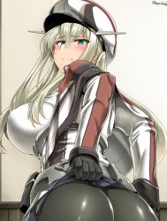 Rule 34 | 1girl, ass, black gloves, black pants, blonde hair, blue eyes, blush, breasts, capelet, closed mouth, clothes lift, covered erect nipples, from behind, from below, gloves, graf zeppelin (kancolle), grey jacket, hair between eyes, hat, impossible clothes, indoors, jacket, kantai collection, large breasts, latex, long sleeves, looking at viewer, looking back, looking down, pants, pantyhose, peaked cap, pleated skirt, saizu nitou gunsou, shiny clothes, sidelocks, skin tight, skirt, skirt lift, smile, solo, twintails, twitter username, white cap, white hat