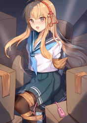 Rule 34 | 1girl, absurdres, ahoge, angry, aqua skirt, arms behind back, bdsm, black pantyhose, blonde hair, blue neckerchief, blue sailor collar, blush, bondage, bound, bound arms, bound legs, box, breasts, brown eyes, cardboard box, chair, commission, controller, ear blush, embarrassed, female focus, hairband, highres, indoors, kaga mi, legs together, light particles, light rays, long hair, looking at viewer, miniskirt, neckerchief, nose blush, open mouth, original, pantyhose, pleated skirt, red hairband, remote control, remote control vibrator, sailor collar, school uniform, serafuku, sex toy, shirt, sidelocks, sitting, skirt, small breasts, solo, tape, v-shaped eyebrows, vibrator, vibrator cord, vibrator under clothes, white shirt