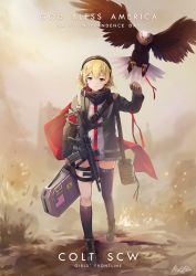 Rule 34 | 1girl, armband, asymmetrical legwear, bag, bird, blonde hair, boots, buckle, character name, dated, dust, eagle, explosion, full body, girls&#039; frontline, gloves, gun, hair between eyes, hand up, head tilt, highres, hiroki ree, holding, holding bag, jacket, kneehighs, long hair, red scarf, rifle, scarf, scw (girls&#039; frontline), scw (gun), short hair, signature, single kneehigh, single sock, single thighhigh, skindentation, smile, snap-fit buckle, socks, solo, thigh strap, thighhighs, uneven legwear, weapon, wind