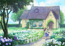 Rule 34 | 1girl, ankle socks, black footwear, blue dress, blue sky, brown hair, cloud, commentary request, day, dress, fence, floating hair, flower, garden, hanagara (k tento), hand on own head, holding, holding watering can, house, ivy, looking at viewer, original, outdoors, picket fence, planter, rose, shawl, sky, socks, solo, tree, tulip, watering can, white shawl, white socks, wide shot, wind, wind lift, wooden fence
