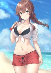 Rule 34 | 1girl, beach, bikini, bikini under clothes, black bikini, blush, braid, breasts, brown hair, cleavage, closed mouth, collarbone, green eyes, hand on own chest, highres, kantai collection, large breasts, long hair, looking at viewer, monoku, noshiro (kancolle), official alternate costume, outdoors, pants, red pants, shirt, smile, solo, swimsuit, twin braids, white shirt