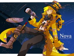 Rule 34 | 1boy, bags under eyes, black pants, blonde hair, blue hat, blue scarf, blunt bangs, blunt ends, border, brown eyes, character name, clock print, closed mouth, coat, collared coat, commentary request, denim, english text, expressionless, galactic nova, gear print, gears, half-closed eyes, hat, hat ornament, high collar, holding, holding telescope, jeans, kirby (series), leg up, long sleeves, looking at viewer, mechanical legs, nintendo, open clothes, open coat, pants, personification, scarf, shirt, shirushiki, shooting star (symbol), short hair, single mechanical leg, space, speech bubble, star (sky), star (symbol), star hat ornament, telescope, top hat, triangle print, white border, white shirt, winding key, yellow coat
