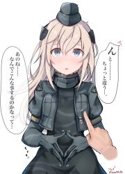 Rule 34 | 1girl, absurdres, artist name, baileys (tranquillity650), black dress, blonde hair, blue eyes, blush, breast poke, cropped jacket, dress, elbow gloves, garrison cap, gloves, grey gloves, grey hat, grey jacket, hair between eyes, hat, highres, jacket, kantai collection, long hair, parted lips, poking, puffy short sleeves, puffy sleeves, short sleeves, signature, simple background, solo, speech bubble, translated, twitter username, u-511 (kancolle), white background