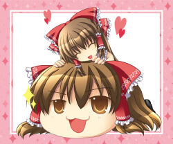 Rule 34 | 2girls, :3, border, bow, brown eyes, brown hair, closed eyes, commentary request, frilled bow, frilled hair tubes, frills, hair bow, hair tubes, hakurei reimu, heart, long hair, medium bangs, morinaga hinase, multiple girls, open mouth, pink border, red bow, sidelocks, smile, sparkle, touhou, upper body, white background, yukkuri shiteitte ne