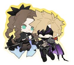 Rule 34 | 1boy, 1girl, aerith gainsborough, aqua border, armor, bahamut aerith, black armor, black capelet, black coat, black footwear, black gloves, black mask, black pantyhose, black ribbon, black shorts, blonde hair, bodystocking, border, braid, braided ponytail, brown hair, capelet, chibi, closed mouth, cloud strife, cloud strife (bahamut garb), coat, covered eyes, dragon wings, eye mask, facial mark, final fantasy, final fantasy vii, final fantasy vii ever crisis, floating, gloves, green eyes, hair ribbon, hand to own mouth, holding, holding staff, linerhan, long hair, official alternate costume, pantyhose, parted bangs, ribbon, short hair, shorts, shoulder armor, sidelocks, single braid, single wing, smile, spiked hair, staff, sweatdrop, thigh strap, wavy mouth, white background, wings, yellow border