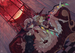 Rule 34 | 2girls, bat wings, bloomers, bow, broken glass, brooch, checkered floor, closed mouth, commentary request, couch, crystal, dress, dutch angle, expressionless, flandre scarlet, frilled dress, frills, full moon, glass, hair between eyes, hat, hat bow, highres, indoors, jewelry, looking at viewer, mob cap, mochacot, moon, multiple girls, no shoes, pointy ears, red bow, red eyes, red footwear, red moon, red neckwear, remilia scarlet, shoes, short hair, siblings, single shoe, sisters, sitting, stuffed animal, stuffed rabbit, stuffed toy, teddy bear, touhou, underwear, white legwear, window, wings