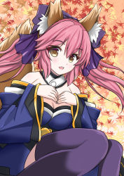 Rule 34 | 1girl, animal ears, black thighhighs, blue sleeves, breasts, brown eyes, cleavage, detached sleeves, fate/apocrypha, fate (series), floating hair, fox ears, fox tail, hair between eyes, large breasts, long hair, long sleeves, looking at viewer, natsuzakura yuuki, open mouth, pink hair, sitting, solo, strapless, tail, tamamo (fate), tamamo no mae (fate/extra), thighhighs, twintails, very long hair