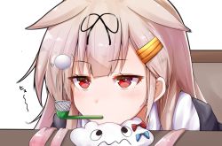 Rule 34 | 1girl, baileys (tranquillity650), ball, blonde hair, chair, commentary request, gradient hair, hair flaps, hair ornament, hair ribbon, hairclip, head rest, kantai collection, long hair, looking at viewer, miss cloud, multicolored hair, pipe in mouth, red eyes, red hair, ribbon, simple background, sitting, smoking pipe, solo, table, white background, yuudachi (kancolle)