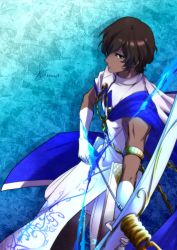 Rule 34 | 1boy, absurdres, aqua background, arjuna (fate), blouse, bow (weapon), brown hair, character name, closed mouth, commentary request, dark-skinned male, dark skin, drawing bow, elbow gloves, fate/grand order, fate (series), from above, from side, frown, gloves, hair over one eye, hands up, highres, holding, holding bow (weapon), holding weapon, legs apart, looking at viewer, male focus, muscular, parted bangs, pelvic curtain, serious, shirt, simple background, sleeveless, sleeveless shirt, solo, standing, wavy hair, weapon, white gloves, white shirt