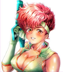 Rule 34 | 1girl, absurdres, bare shoulders, blush, breasts, cleavage, collarbone, commander kei, commentary request, dirty pair, earrings, elbow gloves, energy gun, gloves, headband, highres, holding, holding weapon, jewelry, kei (dirty pair), large breasts, lips, looking at viewer, medium hair, parted lips, red eyes, red hair, shiny skin, simple background, sleeveless, smile, solo, tan, tank top, upper body, weapon