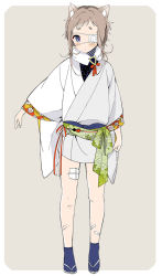 Rule 34 | 1boy, animal ears, bandages, bandaid, blush, border, dog ears, eyepatch, full body, japanese clothes, looking at viewer, male focus, md5 mismatch, medical eyepatch, original, resolution mismatch, sakiyo cake, sandals, simple background, solo, source larger, standing, tabi, trap, white border, zouri
