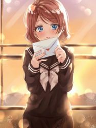 Rule 34 | 1girl, bad id, bad twitter id, black sailor collar, black serafuku, black shirt, black skirt, blue eyes, blurry, blush, bokeh, brown hair, commentary request, depth of field, envelope, holding, holding envelope, letter, long sleeves, looking at viewer, love letter, love live!, love live! sunshine!!, minori 748, neckerchief, open mouth, sailor collar, school uniform, serafuku, shirt, short hair, skirt, solo, sunset, watanabe you, white neckerchief, window