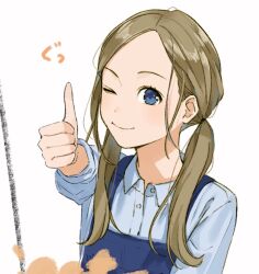 1girl blue_eyes blue_overalls blue_shirt brown_hair closed_mouth collared_shirt hair_ornament light_brown_hair looking_at_viewer low_twintails one_eye_closed original overalls sako_(35s_00) shirt simple_background smile solo thumbs_up twintails upper_body