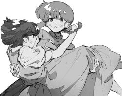 Rule 34 | 1boy, 1girl, carrying, highres, kgeroua, monochrome, princess carry, ranma 1/2, tagme