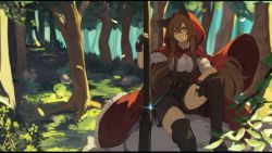 Rule 34 | 1girl, animal ears, black shorts, blurry, blurry background, boots, bow, bowtie, brown hair, bush, closed mouth, depth of field, forest, glint, gun, highres, holding, holding gun, holding weapon, hood, hood up, lansane, letterboxed, long hair, looking at viewer, nature, orange eyes, original, petals, red bow, red bowtie, red hood, rifle, shirt, shorts, signature, solo, thigh boots, thighhighs, tsana (lansane), weapon, white shirt, wolf ears