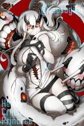 Rule 34 | ..., 1girl, abyssal ship, artist name, asymmetrical horns, black gloves, black horns, black shorts, breasts, character name, closed mouth, colored skin, cracked skin, gloves, heart, heavy cruiser princess, highres, hole in chest, hole on body, hood, hood down, horns, kantai collection, large breasts, long hair, oso (toolate), red eyes, short shorts, shorts, solo, spoken ellipsis, spoken heart, striped clothes, striped thighhighs, tail, thighhighs, uneven horns, white hair, white skin