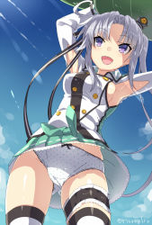 Rule 34 | 10s, 1girl, :d, ahoge, aircraft, airplane, akitsushima (kancolle), armpits, arms up, blue sky, bow, bow panties, breasts, buttons, cloud, day, earrings, flying boat, gluteal fold, hair ornament, hair ribbon, hat, jacket, jewelry, kantai collection, long hair, long sleeves, medium breasts, military, military uniform, mini hat, miniskirt, nishikitaitei-chan, open mouth, panties, pantyshot, pleated skirt, polka dot, polka dot panties, purple eyes, purple hair, ribbon, side ponytail, sideboob, sidelocks, skirt, sky, smile, standing, thighhighs, thighs, torimaru, twitter username, underwear, uniform, white panties, wind, zettai ryouiki