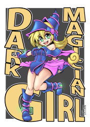 Rule 34 | 1girl, bare shoulders, blonde hair, blush stickers, boots, border, bracer, breasts, dark magician girl, full body, godichi, green eyes, grey background, hair between eyes, hat, legs, long hair, looking at viewer, medium breasts, open mouth, pleated skirt, skirt, smile, solo, staff, standing, standing on one leg, teeth, tongue, upper teeth only, white border, wizard hat, yu-gi-oh!