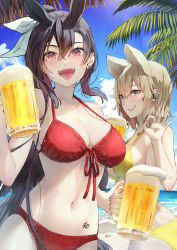 Rule 34 | 2girls, :d, :q, alcohol, alternate costume, animal ears, bare shoulders, beach, beer, bikini, black hair, black wings, blush, breasts, chest tattoo, cloud, cloudy sky, commentary request, cowboy shot, cup, day, dual wielding, earbuds, earphones, feathered wings, fingernails, hair between eyes, hair ribbon, hand up, holding, holding cup, horizon, horse ears, horseshoe earrings, kurokoma saki, large breasts, lips, long hair, looking at viewer, medium hair, multiple girls, navel, no headwear, ok sign, open mouth, outdoors, palm tree, pegasus wings, pointy hair, ponytail, red eyes, ribbon, sideways glance, sky, smile, swimsuit, syuri22, tattoo, teeth, tongue, tongue out, touhou, toyosatomimi no miko, tree, upper teeth only, very long hair, white ribbon, wings