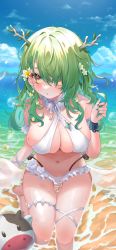 Rule 34 | absurdres, antlers, bikini, braid, breasts, ceres fauna, flower, green hair, hair flower, hair ornament, twirling hair, highres, hololive, hololive english, horns, large breasts, looking at viewer, solo, swimsuit, tangdou0402, virtual youtuber, white bikini