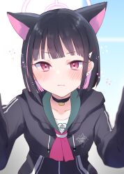 Rule 34 | 1girl, animal ears, black choker, black hair, black jacket, blue archive, blush, cat ears, choker, closed mouth, commentary request, drawstring, earrings, extra ears, green sailor collar, gucchiann, hair ornament, hairclip, halo, heart, highres, hood, hood down, hooded jacket, jacket, jewelry, kazusa (blue archive), looking at viewer, multicolored hair, pink hair, red eyes, sailor collar, short hair, solo, stud earrings, two-tone hair, upper body