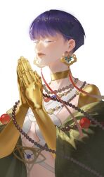 Rule 34 | 1other, absurdres, alternate costume, beads, blue hair, bowl cut, choker, closed eyes, earrings, eyelashes, eyeshadow, facing ahead, gii (cvpj3777), golden arms, hands up, highres, houseki no kuni, jewelry, lipstick, makeup, other focus, own hands together, palms together, phosphophyllite, phosphophyllite (ll), prayer beads, praying, red lips, red ribbon, revealing clothes, ribbon, short hair, simple background, solo, spoilers, upper body, white background, wind