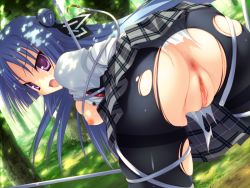 Rule 34 | 1girl, 2-g, angry, anus, ass, bdsm, bent over, blue hair, bondage, bound, breasts, clitoris, dutch angle, female focus, from behind, game cg, long hair, nipples, open mouth, outdoors, panties, pantyhose, purple eyes, pussy, restrained, shiranui kagaho, skirt, softhouse-seal, solo, spread legs, toranosuke, torn clothes, torn panties, torn pantyhose, tree, uncensored, underwear, urethra, zettai zecchou seiki no daihatsumei!!