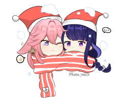 Rule 34 | ..., 2girls, ;3, animal ears, artist name, bad id, bad pixiv id, blunt bangs, blush, braid, cheek-to-cheek, chibi, christmas, commentary, couple, covered mouth, expressionless, fox ears, genshin impact, hair between eyes, hair ornament, hat, heads together, heart, highres, kuma yum24, long hair, low-braided long hair, low-tied long hair, mole, mole under eye, motion lines, multiple girls, one eye closed, pink eyes, pink hair, purple eyes, purple hair, raiden shogun, santa hat, scarf, shared clothes, shared scarf, sidelocks, simple background, snow, speech bubble, split mouth, star (symbol), striped clothes, striped scarf, twitter username, white background, winter, yae miko, yuri