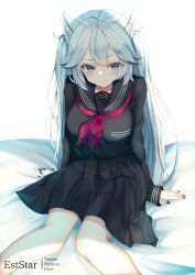 Rule 34 | 1girl, animal ear fluff, animal ears, aties20, bed sheet, black nails, black sailor collar, black serafuku, black shirt, black skirt, blue eyes, blush, breasts, closed mouth, commentary request, fang, fang out, feet out of frame, grey hair, long hair, long sleeves, looking at viewer, medium breasts, nail polish, neckerchief, pleated skirt, purple neckerchief, sailor collar, school uniform, serafuku, shirt, simple background, skirt, sleeves past wrists, solo, two side up, vei (vtuber), very long hair, virtual youtuber, vshojo, white background