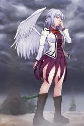 Rule 34 | 1girl, albino, anti-tank gun, bare legs, boots, bow, bowtie, braid, breasts, cross-laced footwear, dress, french braid, full body, highres, jacket, kishin sagume, lace-up boots, large breasts, long sleeves, purple dress, red eyes, short dress, single wing, smoke, solo, standing, touhou, usutominsutaa, white hair, wings