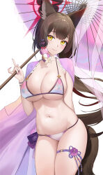 Rule 34 | 1girl, absurdres, animal ear fluff, animal ears, arm behind back, bikini, blue archive, breasts, brown hair, closed mouth, cowboy shot, fox ears, fox girl, fox tail, hair ornament, highres, holding, holding umbrella, large breasts, long hair, nail polish, navel, official alternate costume, oil-paper umbrella, purple nails, shugo 15, simple background, skindentation, smile, solo, stomach, swimsuit, tail, thigh strap, thighs, umbrella, very long hair, wakamo (blue archive), wakamo (swimsuit) (blue archive), white background, yellow eyes