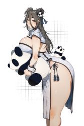 Rule 34 | 1girl, absurdres, artist name, blush, breasts, double bun, dress, feet out of frame, from side, grey hair, grid background, hair between eyes, hair bun, highres, holding, holding stuffed toy, huge filesize, long hair, looking at viewer, mole, mole under eye, muroku (aimichiyo0526), no nose, original, panda, parted lips, short sleeves, side-tie dress, simple background, solo, stuffed toy, thick eyebrows, thick thighs, thighs, tsurime, twitter username, white background, wrist cuffs