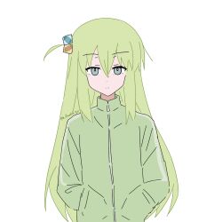 Rule 34 | 1girl, alternate color, alternate hair color, artist name, bocchi the rock!, closed mouth, commentary, cube hair ornament, english commentary, expressionless, gotoh hitori, green hair, green jacket, grey eyes, hair ornament, hands in pockets, highres, jacket, long hair, long sleeves, looking at viewer, parody, simple background, solo, style parody, the freakin yui, track jacket, upper body, very long hair, white background, yunayuispink (style)