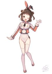 Rule 34 | 1girl, animal ears, brown eyes, brown hair, collarbone, dated, detached collar, double bun, fake animal ears, full body, gloves, groin, hair bun, kantai collection, koruri, leotard, long sleeves, naka (kancolle), one eye closed, open mouth, playboy bunny, rabbit ears, sailor collar, shoes, short hair, signature, simple background, smile, solo, thighhighs, twitter username, white background, white gloves, white leotard, white sailor collar, white thighhighs