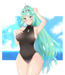 1girl, adjusting hair, alternate costume, armpits, bangs, blush, breasts, closed mouth, cloud, commentary, commentary request, covered navel, female, gem, green eyes, green hair, hair ornament, headpiece, jewelry, large breasts, leotard, long hair, musubi moni, mythra (xenoblade), ocean, one-piece swimsuit, pneuma (xenoblade), ponytail, pose, pyra (xenoblade), shy, sky, smile, solo, standing, swept bangs, swimsuit, thighs, tiara, very long hair, white background, xenoblade chronicles (series), xenoblade chronicles 2