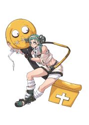 Rule 34 | 1boy, 1girl, a.b.a, absurdres, bags under eyes, bandaged chest, bandaged neck, bandages, chuckuddin, fingerless gloves, gloves, green hair, guilty gear, guilty gear strive, headband, highres, key, key in head, looking at viewer, object through head, pale skin, paracelsus (guilty gear), short hair, stitched mouth, stitches, white headband