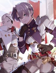 Rule 34 | 2girls, androgynous, armor, badge, banner, belt, black gloves, blue eyes, breastplate, eyepatch, fantasy, female knight, gloves, grey hair, grey pants, hand in pocket, hand on own chin, high collar, highres, knight, leaning to the side, looking at viewer, multiple girls, original, pants, parted lips, pauldrons, purple hair, reverse trap, sheath, sheathed, short hair, shoulder armor, smile, stroking own chin, sword, uniform, very short hair, weapon, yuhkiano
